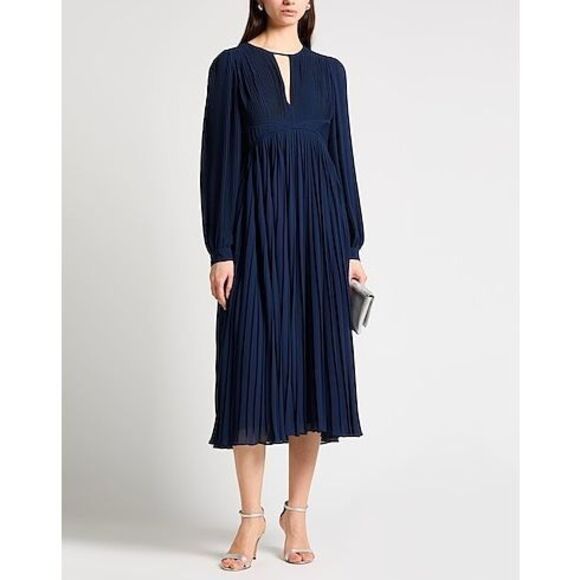 Michael Kors Plissé Pleated Midi Dress Navy Blue Long Sleeves New Small - Picture 1 of 8